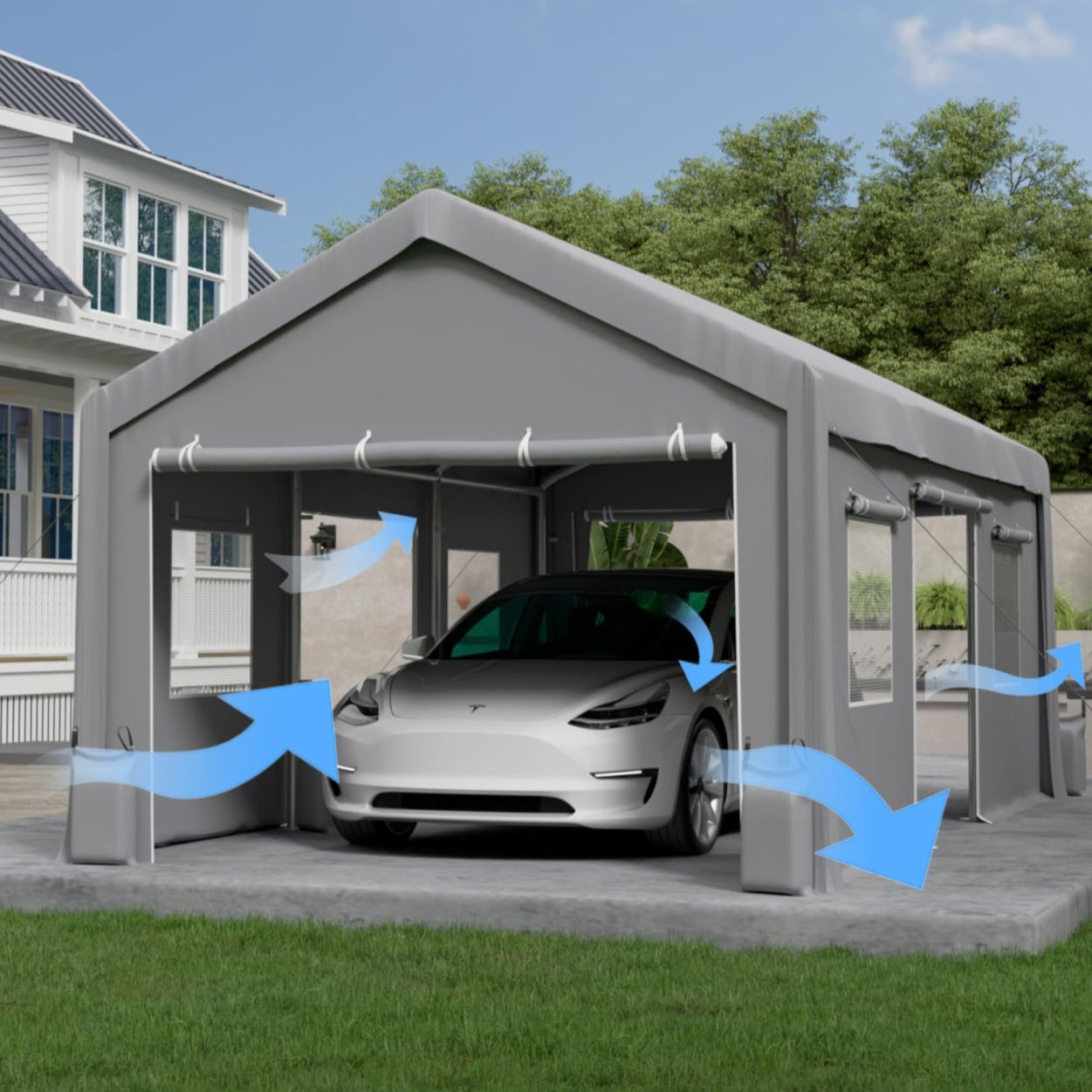 N-Hood Ltd Heavy Duty Carport Sidewall Replacement Panels, Waterproof 180gsm Triple Layer PE Tarp with Roll Up Doors & Mesh Windows, UV-Protected Garage Side Cover