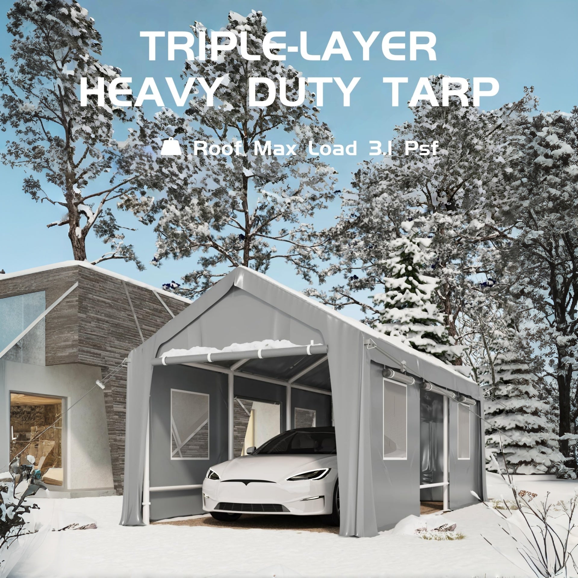 N-Hood Ltd Heavy Duty Carport Sidewall Replacement Panels, Waterproof 180gsm Triple Layer PE Tarp with Roll Up Doors & Mesh Windows, UV-Protected Garage Side Cover - Image 2